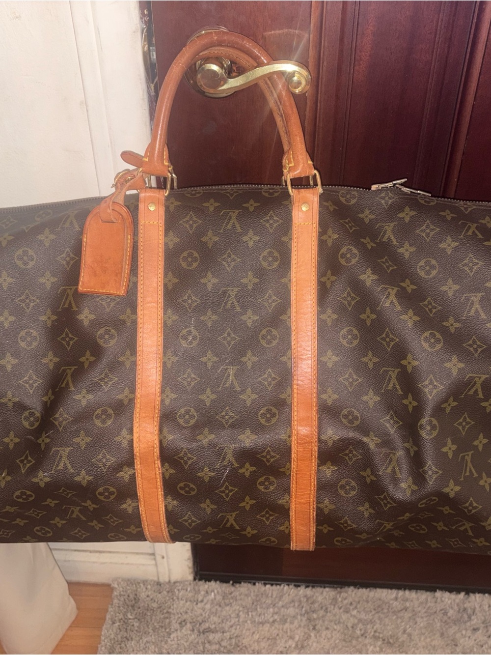 VINTAGE LOUIS VIITTON Canvas Brown Monogram Travel Duffel Bag with Tan Trim